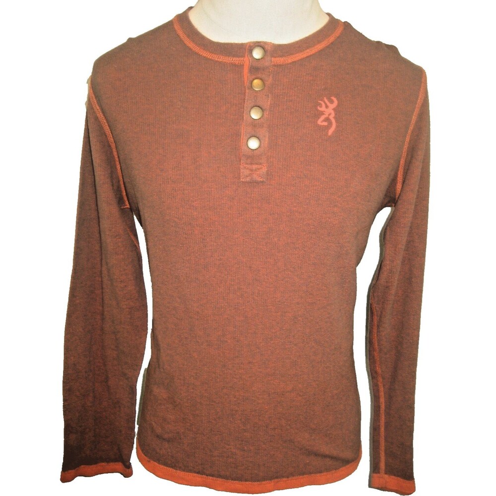 Mens Browning Orange/Rust Reversible Henley Style Cotton Base Layer Shirt sz Lg